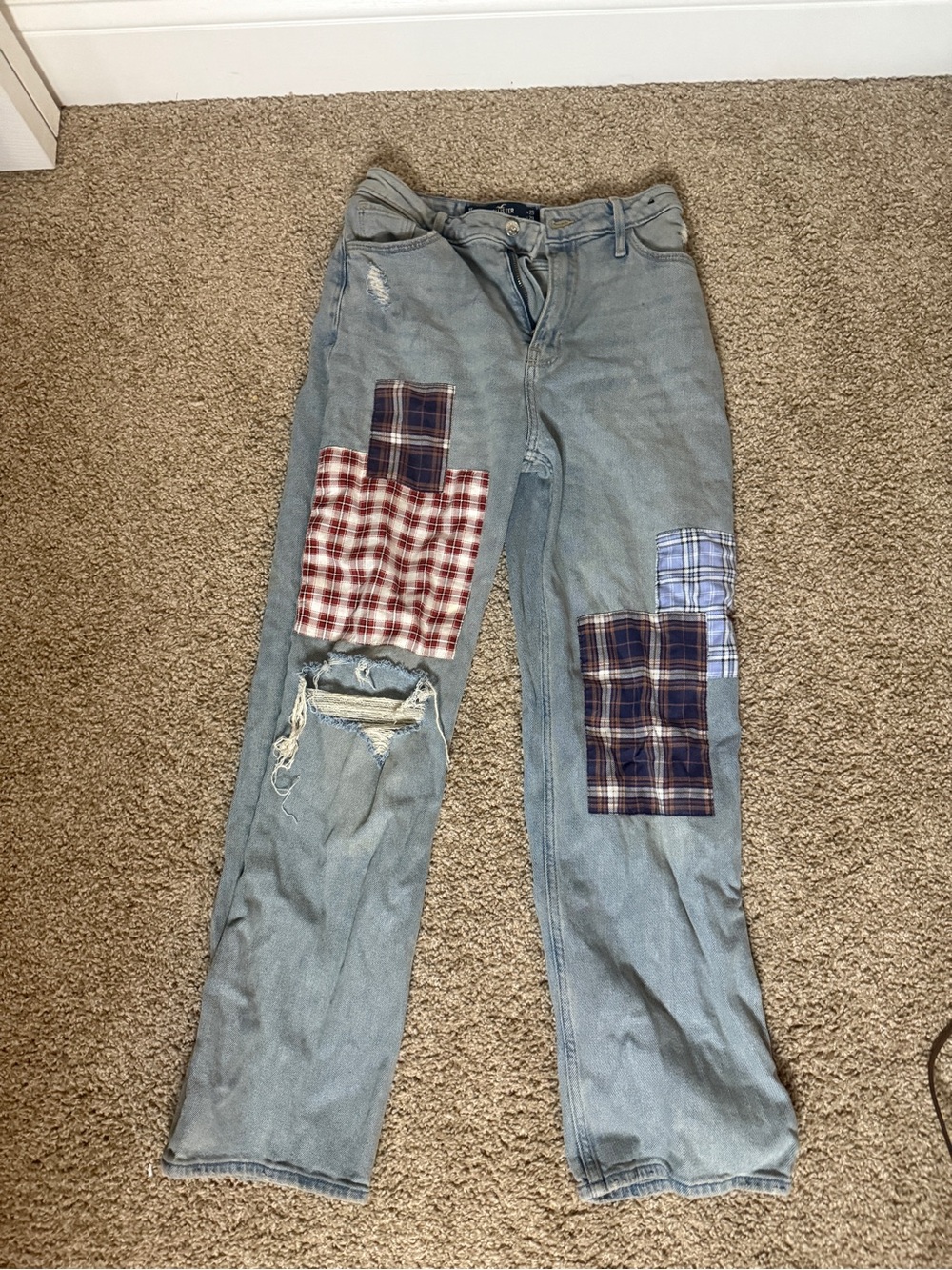 Hollister Ultra High Rise Light Wash Straight-Leg Jeans with Plaid Patchwork